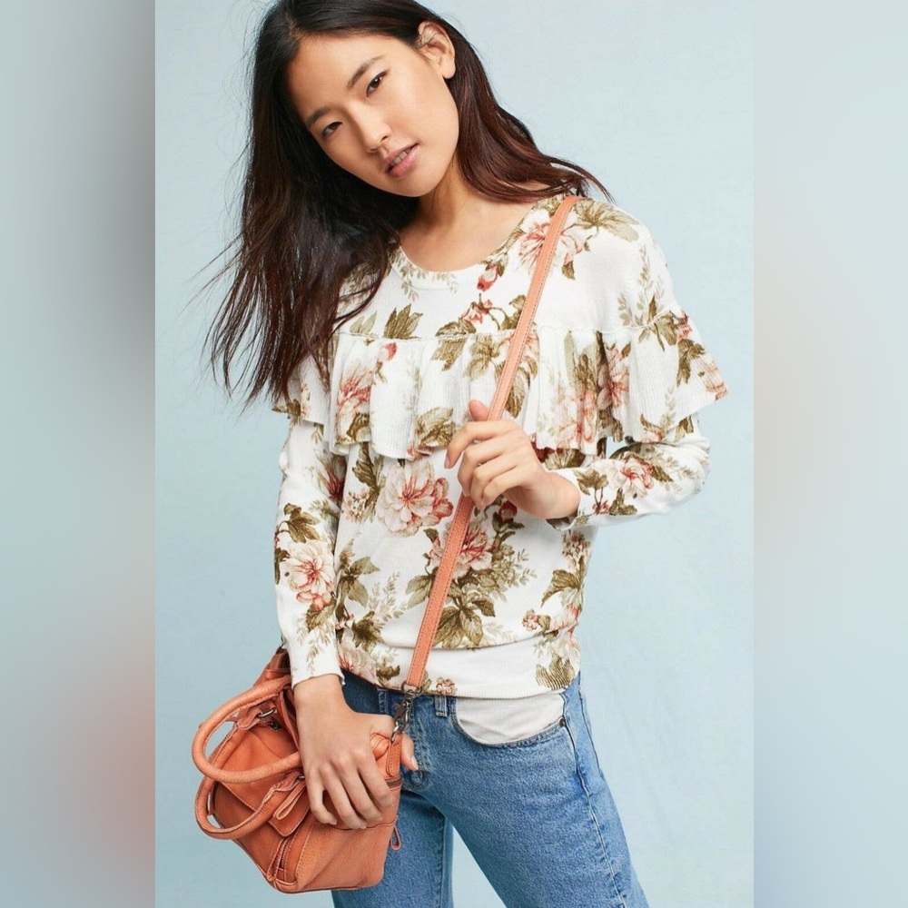 Anthropologie Harlyn Ritchie Floral Ruffled Sweater